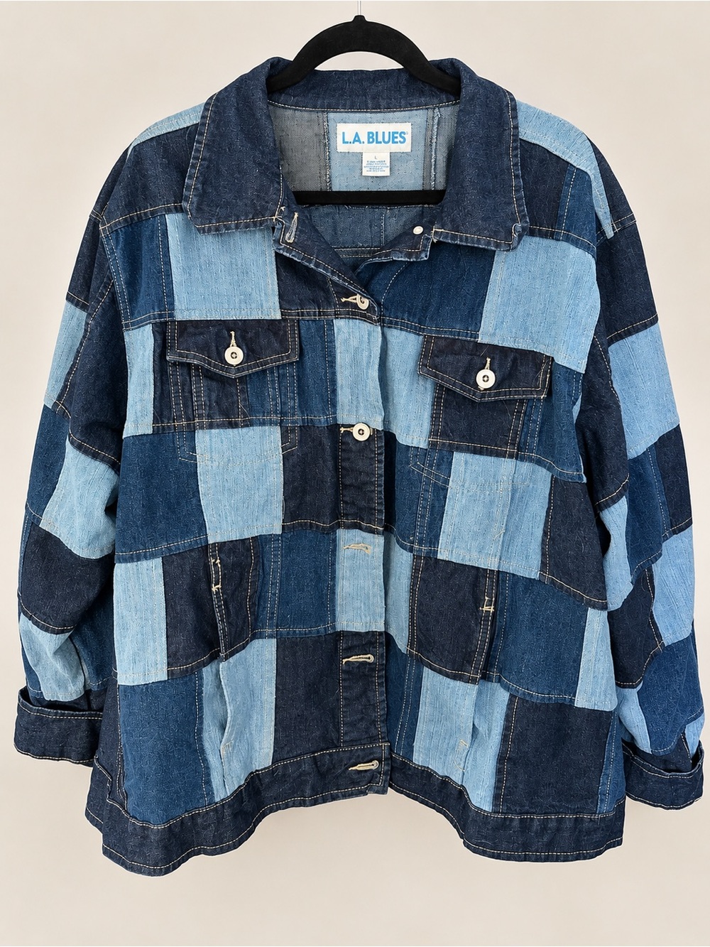 Vintage L.A. Blues Patchwork Denim Jacket 100% Cotton Size L Y2K